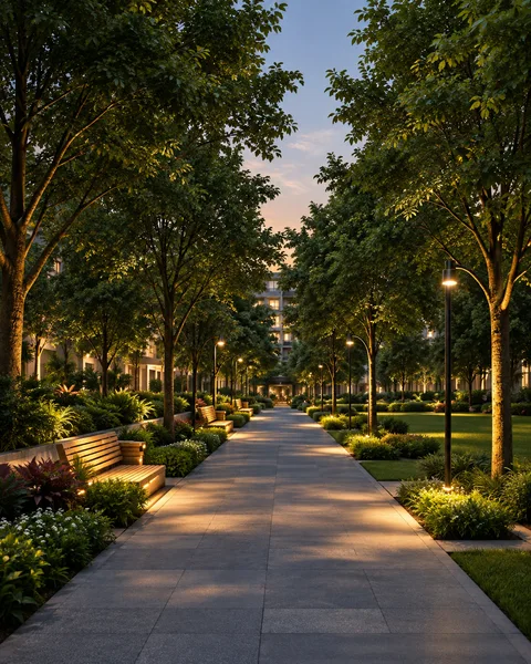 Reference-based illustration of a landscaped community path with trees, benches and warm lighting