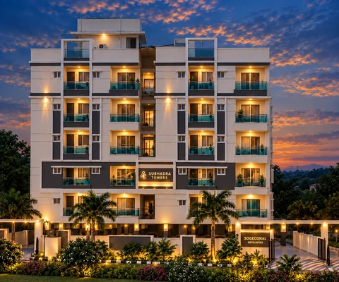 Subhadra Towers exterior at dusk